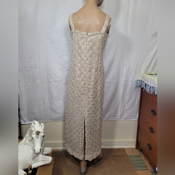 Vintage nude gold metallic thread embroidery crochet knit maxi formal dress - Picture 6 of 15